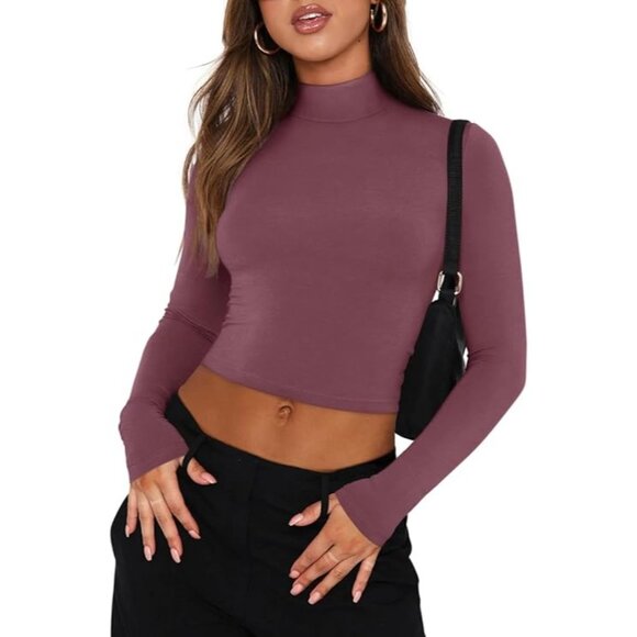 REORIA Women's Cute Basic Mock Turtleneck Long Sleeve Ribbed Tight Tshirts Crop - Picture 1 of 10